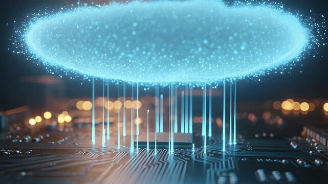 Artificial intelligence, cloud computing and motherboard with glowing data for technology, machine learning and big data. Server, processor and circuit with storage, internet and cyber connection.