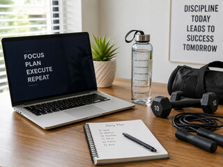Obraz premium Productive Daily Plan and Wellness Tools on an Organized Desk
