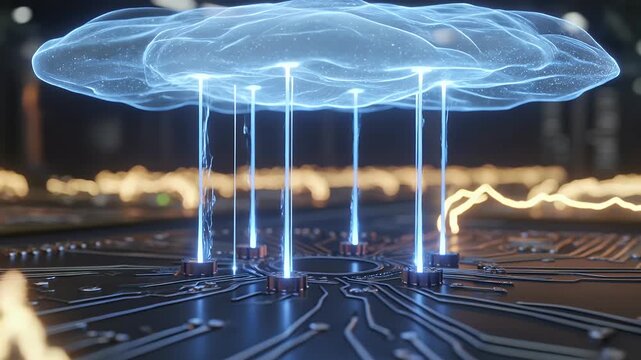 Cloud computing, technology and data storage with digital server on motherboard for network, security and cyber connection. Futuristic cloud, internet and circuit board with web and global informatio