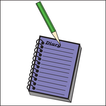 Lll purple colored diary vector with spiral design and green wooden pencil on it. This image features a lined page with the words "Diary" at the top, perfect for an educational concept, take notes