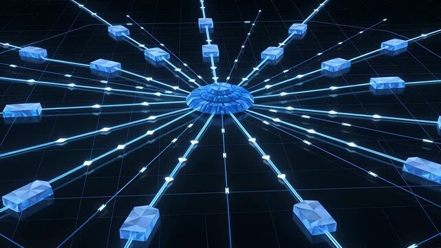 Blockchain network and technology with digital data transfer for business security. Global connection, internet link and computing with server, cryptocurrency mining and cloud storage system info.