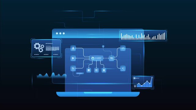 Futuristic AI automation workflow network diagram machine learning with automation pipelines, data processing, analytics charts and automation system, lopped animation