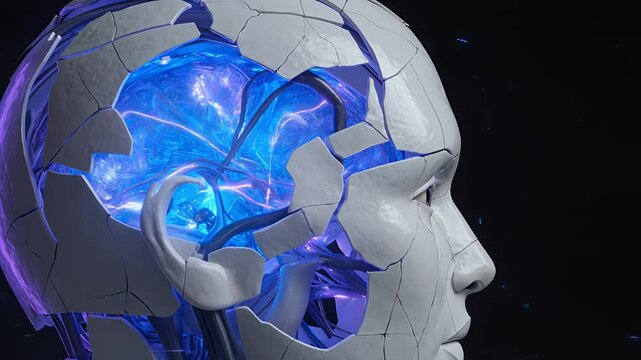 Artificial intelligence, robot head and cracked brain for technology, machine learning and cybernetics. Humanoid, futuristic and mental health with neurology, cognitive science and power of idea.