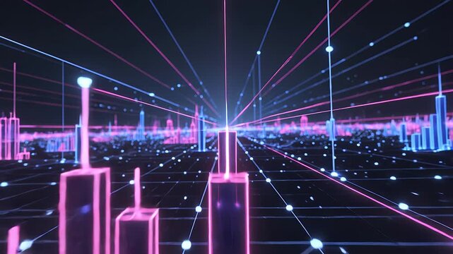 Digital city, technology and data network in cyber space for metaverse, future innovation and global connectivity. Neon, infrastructure and virtual reality with lights, internet and high speed flow