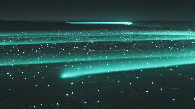 Digital network technology and cyber data for communication, internet security and global connection. Abstract grid, virtual world and futuristic background for science, coding and server systems.