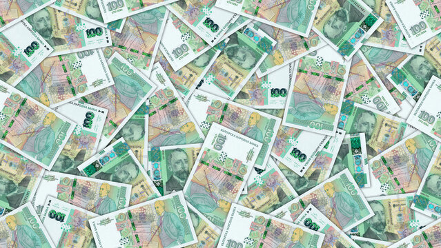 Finance illustration. Seamless pattern. Disorganized scattered paper banknotes of 100 levs Bulgaria. Bulgarian money. Textured background or wallpaper. Obverse and reverse. Bills of hundred lev