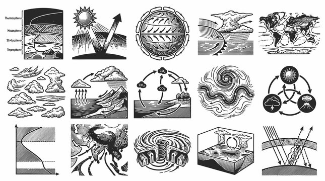 Black and White Weather and Climate Science Illustrations for Education