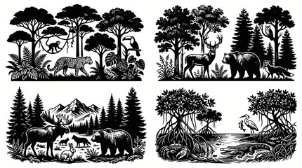 Fototapeta premium Black and White Vector Illustration of Diverse Animals in Natural Habitats