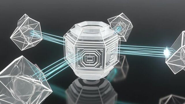 Futuristic technology cube, data transfer and energy in space with laser beams for communication, science and server network. Digital core, cyber grid and glow for storage, security and ai power