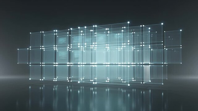 Blockchain technology, data storage and cloud computing with futuristic 3D cubes. Abstract digital networking, cyber security and server farm with internet connection for business information