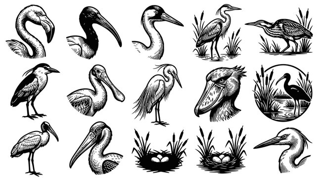 Vintage Engraving Style Black and White Line Art Set of Wetland Birds, Wading Birds, and Bird Nests for Wildlife Ecology