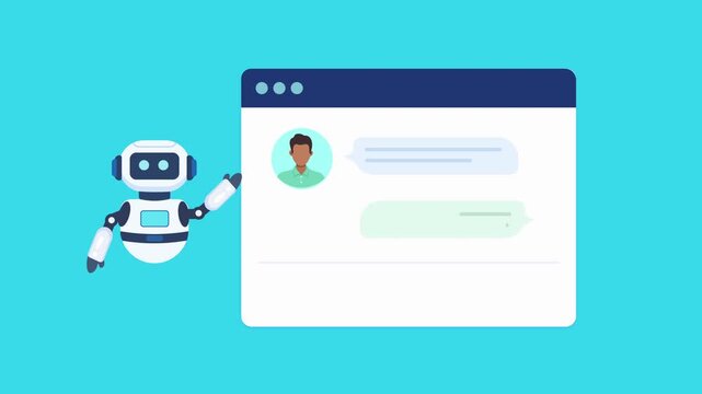 Animated flat illustration of an AI assistant interacting with a user through a chat conversation interface. Ideal for artificial intelligence, virtual assistance, automation, messaging, and digital c