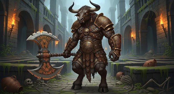 A fearsome minotaur warrior clad in ornate armor, wielding a massive battle axe in a ruined stone courtyard.