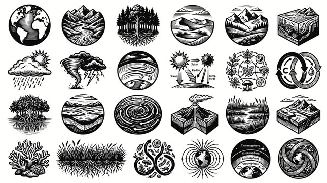 Earth science icons: geology, weather, ecosystems, physics, cycles in black  white line art
