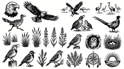 Obraz premium Vintage Wildlife Engraving Set: Black White Nature Birds, Plants, and Outdoor Elements Line Art Collection