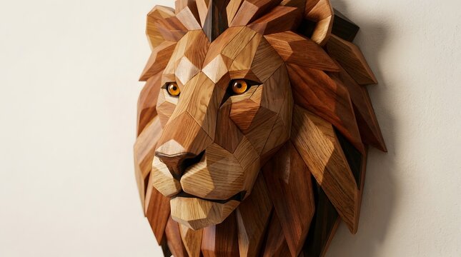 Geometric wooden lion head sculpture wall art decor on neutral background