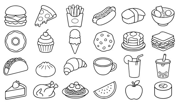 Food and Dessert Icons Collection Hand Drawn Outline Vector Illustration Set