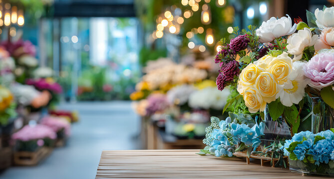 Colorful flower shop storefront with fresh bouquets and potted flowers arranged along a bright walkway. Floral market, gardening, spring and retail business concept.