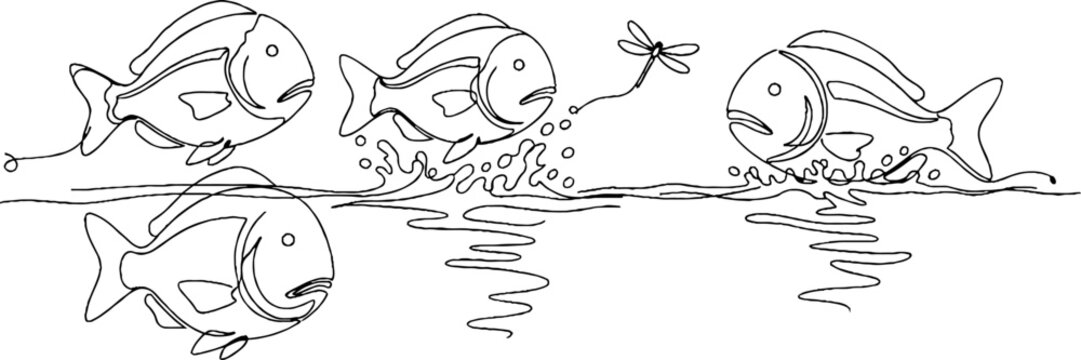 Cartoon fish attempting to catch dragonfly above water.
