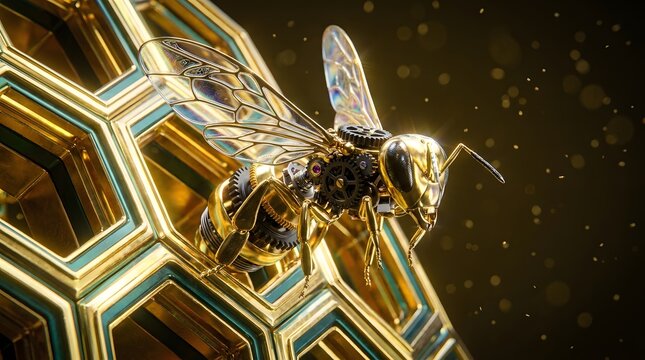 Golden mechanical bee robot hovering over a luxury metallic honeycomb structure in a dark studio environment.