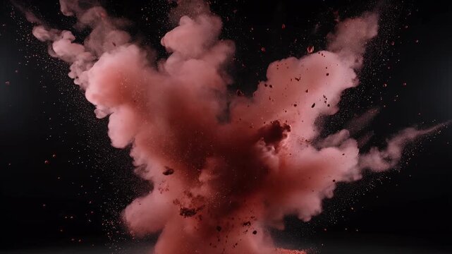 Red powder explosion, paint burst and colorful cloud on black background for creative art, advertising and motion design. Abstract, dynamic and powerful splash with slow motion, smoke and texture