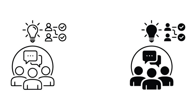 Innovative team brainstorming and idea development vector icon set featuring lightbulb symbol and task completion status for collaborative creative sessions