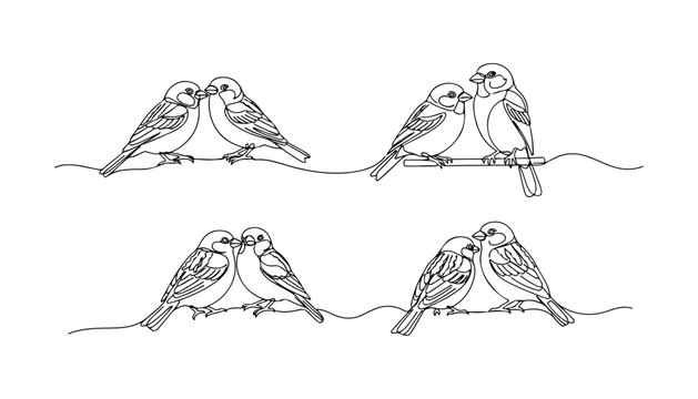 Continuous Simple black line art drawing set of Old World sparrows bird in a minimalist style on a white background.