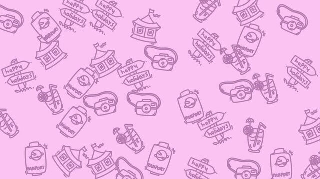 Pink background patterns with holiday signs, merrygorounds, cameras, and drinks. Perfect for festive social media posts or party invitations.