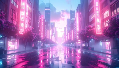 Obraz premium Neon lit city street at dusk.