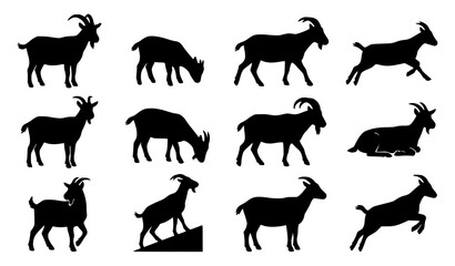 Goat Silhouette Collection with Standing Grazing Jumping and Resting Poses Vector © Keyapayal