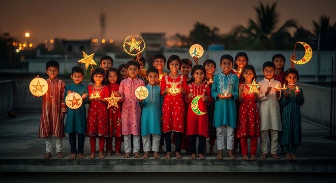 Children in traditional clothing holding lanterns on rooftop at dusk