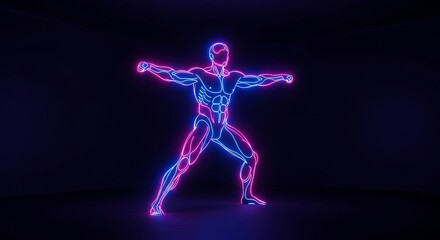 Obraz premium Ultraviolet neon dancer in dynamic pose against dark background.