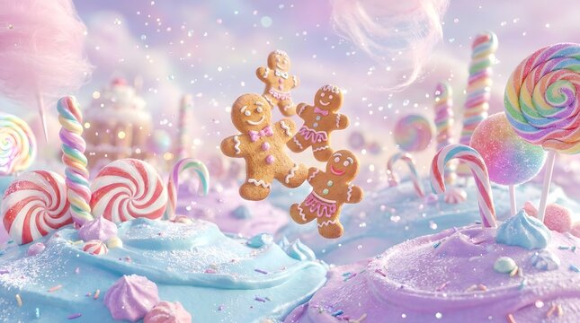Gingerbread cookies dancing in a magical candy land with colorful sweets