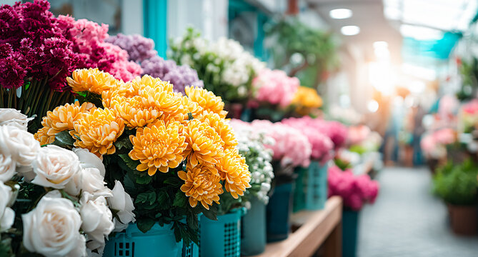 Colorful flower shop storefront with fresh bouquets and potted flowers arranged along a bright walkway. Floral market, gardening, spring and retail business concept.