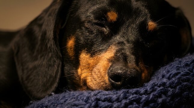 A cute black and tan Dachshund puppy sleeping peacefully on a blue blanket.