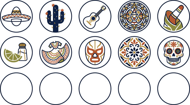 Traditional Mexican culture circle badge icon set featuring sombrero cactus guitar aztec calendar lucha libre mask folklore dress and sugar skull vector illustration.