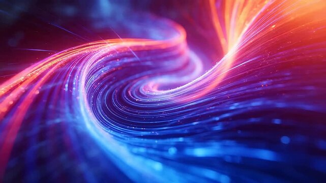 Abstract spiral light vortex with blue purple orange glowing bands and deep dark background