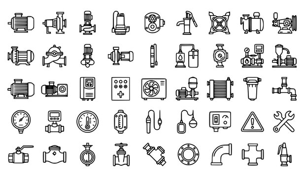 Industrial Water Pump Line Icons Collection for Engineering and Utility Interfaces