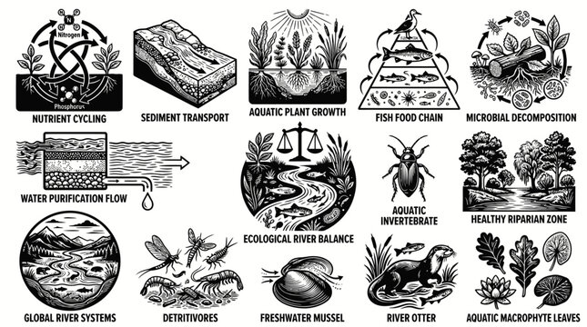 Environmental Science Black Line Art Vector Icons: River Ecosystems, Aquatic Life,  Ecological Processes