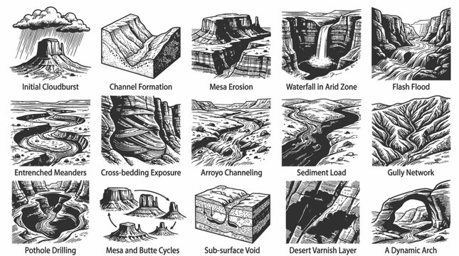 Erosion Process Illustrations: Geology Landforms, Arid Climate, Black and White Line Art