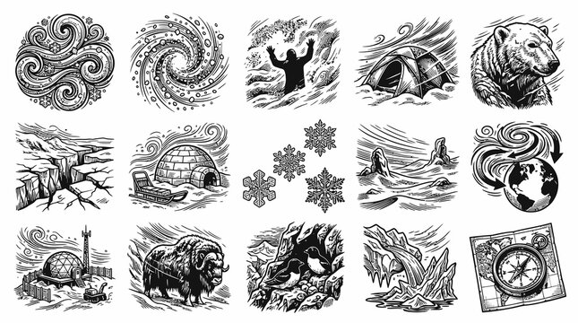 Arctic Expedition Icons: Polar Bear, Igloo, Snowflakes, Compass, Black  White Line Art