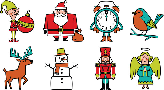 Retro hand drawn Christmas character set featuring flat line art Santa Claus elf reindeer snowman angel nutcracker alarm clock and robin bird vector illustration.