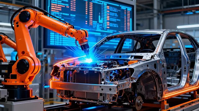 Orange industrial robot welding silver car frame with blue orange sparks in manufacturing plant