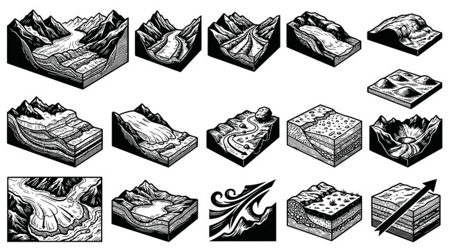 Black and White Line Art of Geological Landforms and Processes