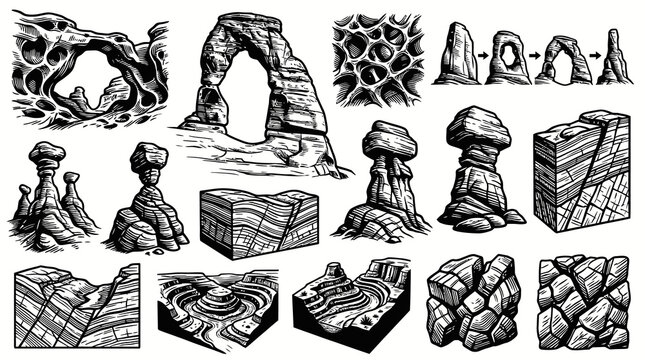 Geological Formations: Arches, Hoodoos, Canyons, Rock Layers - Line Art