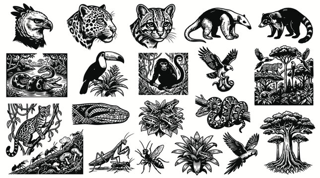 Black and White Line Art Illustration of Amazon Rainforest Wildlife and Flora