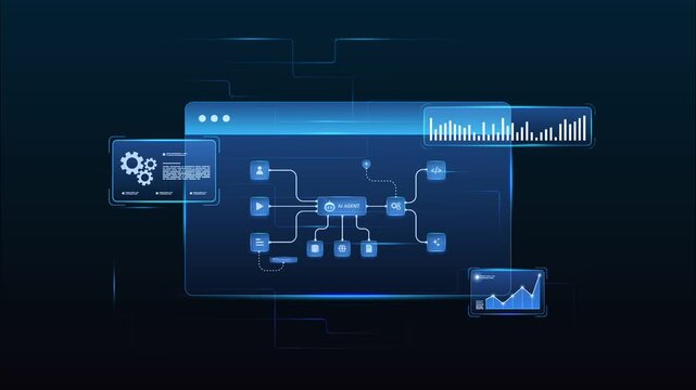 Futuristic AI automation workflow network diagram dashboard machine learning system with automation pipelines, digital processing system, analytics and automation system, looped animation