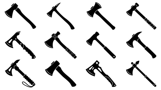 Set of Tomahawk and Hatchet Axe Silhouettes for Survival and Woodworking Design