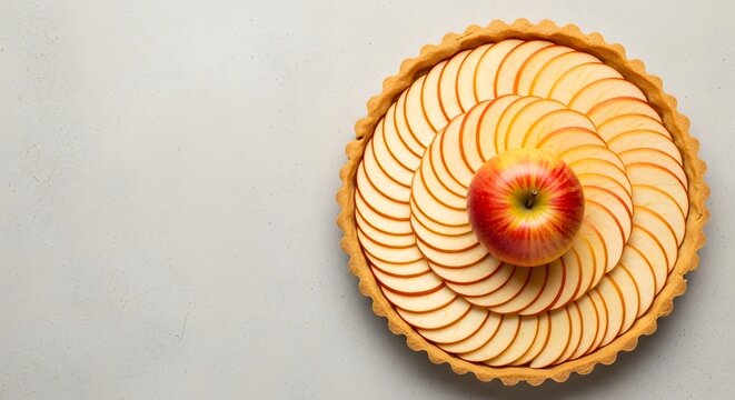 Elegant apple tart with thinly sliced apples arranged in a spiral pattern, topped with a whole red apple, on a grey background