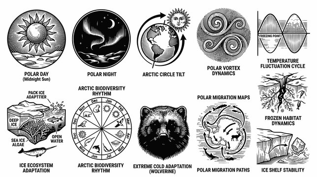 Arctic Ecosystem and Climate Dynamics - Black and White Line Art Illustrations